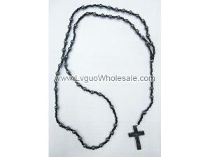 All Black Round Shape Hematite Beads Rosary with Hematite Crucifix 24inch